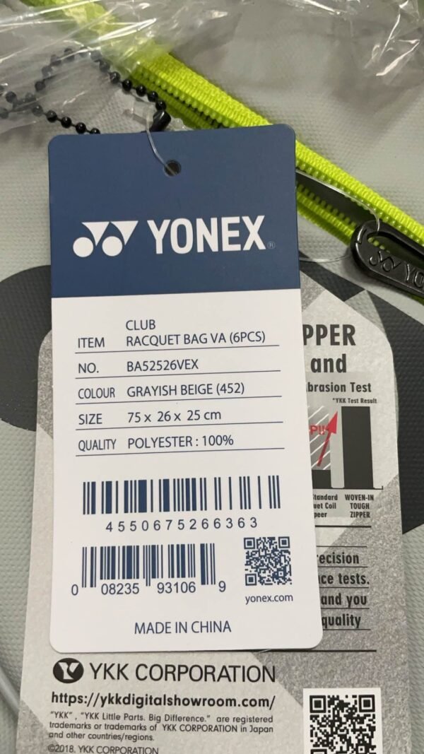 YONEX 2025 Club Racquet Bag VA (6pcs) for Badminton/Tennis - Grayish Beige BA52526VEX